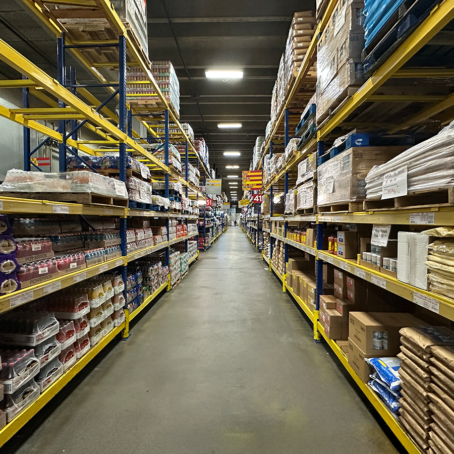 Canton Food Co. warehouse aisle stocked for bi-weekly special pricing