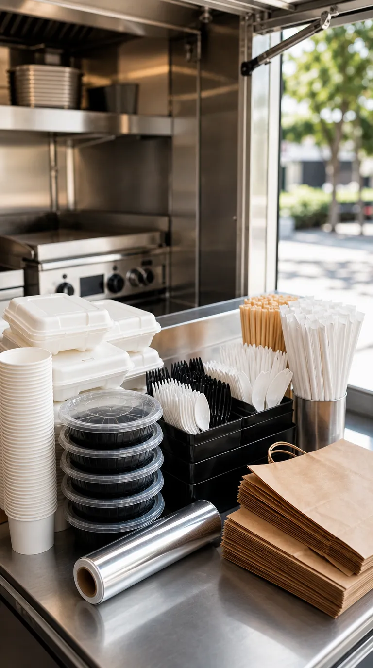Disposable food containers, cups, straws, and utensils displayed in a commercial kitchen setting