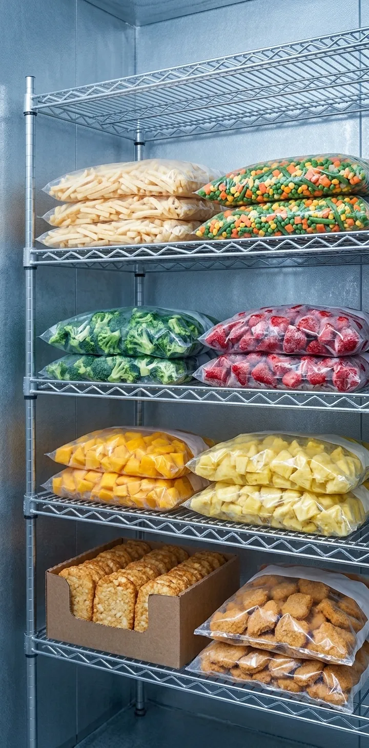 Shelves of wholesale frozen food products including vegetables, fruit, and dumplings at Canton Food Co.