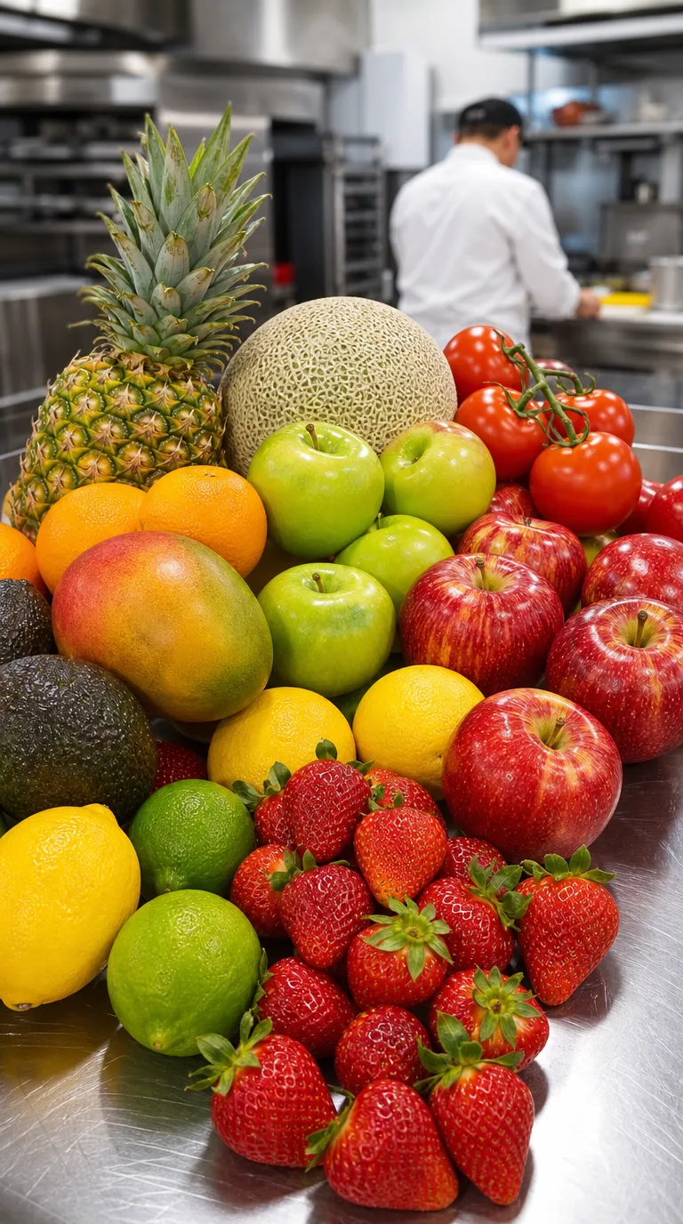 Assortment of fresh wholesale fruit including pineapple, apples, strawberries, and citrus
