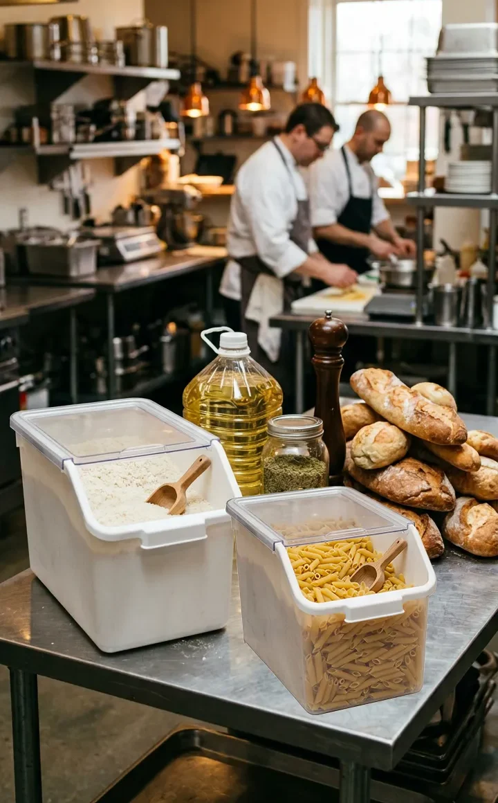 Restaurant kitchen pantry stocked with wholesale flour, pasta, oil, and bread from Canton Food Co.
