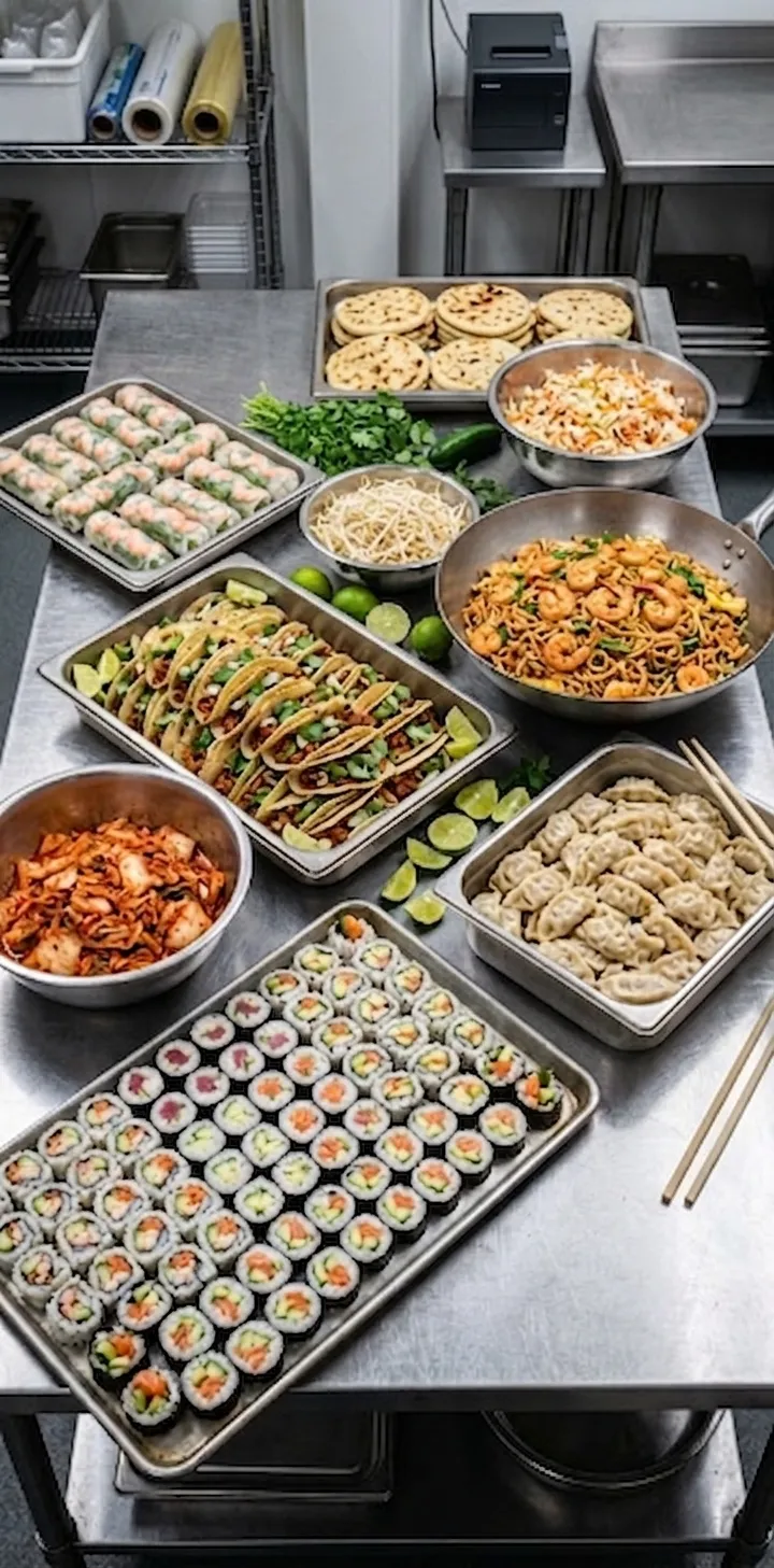 Assortment of prepared international foods including sushi, tacos, dumplings, and spring rolls