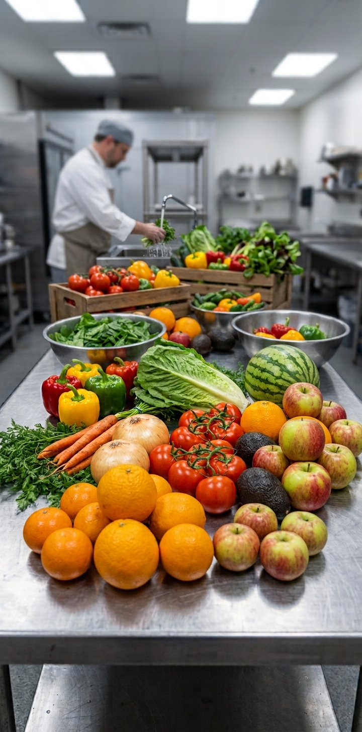 Fresh wholesale produce and fruit including tomatoes, peppers, apples, and oranges at Canton Food Co.