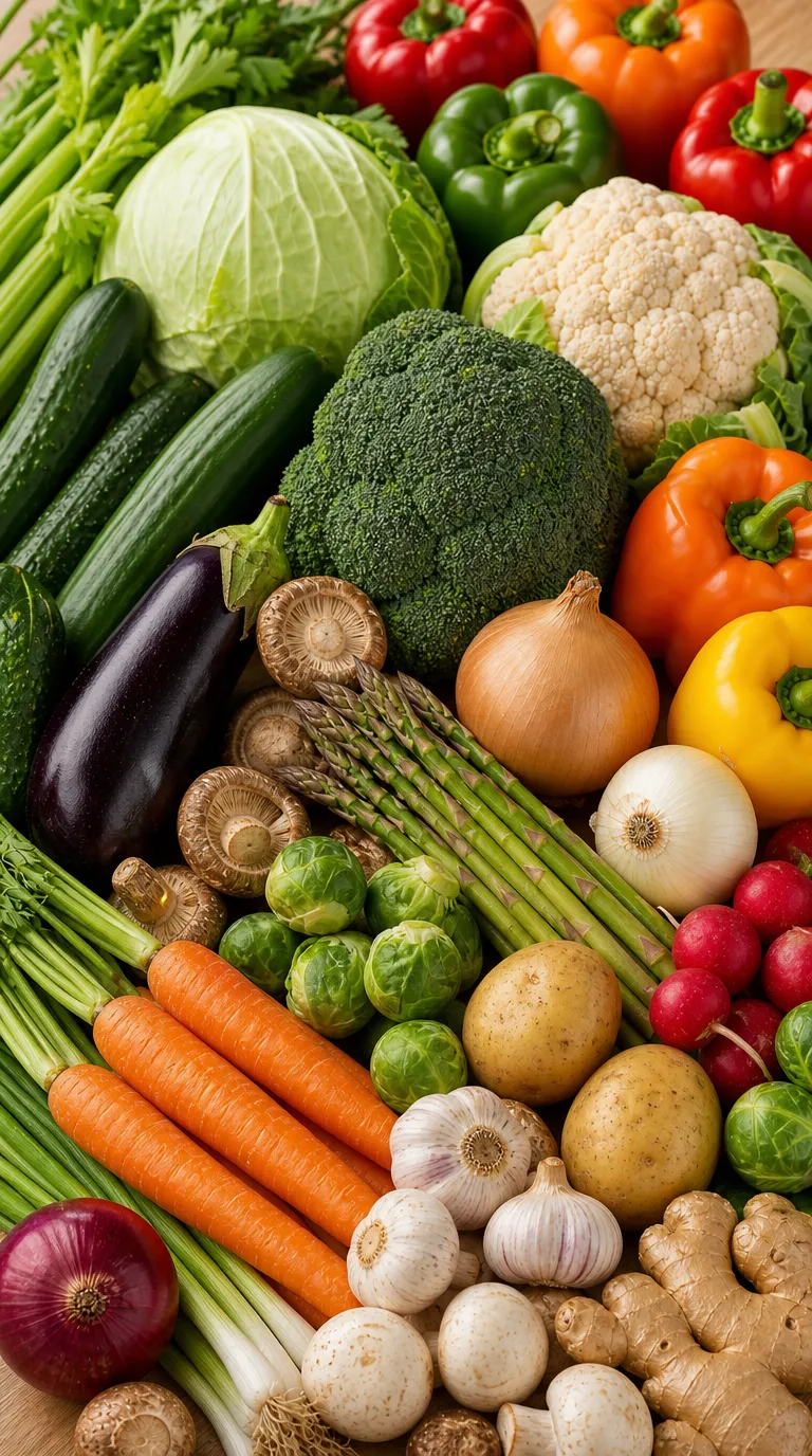 Assortment of fresh wholesale vegetables including peppers, broccoli, carrots, onions, and mushrooms