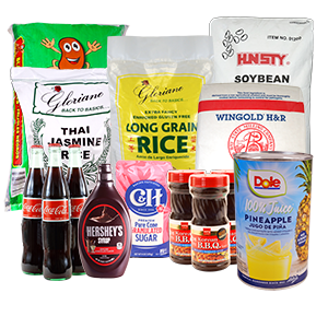 Featured wholesale grocery items including rice, syrup, and canned goods
