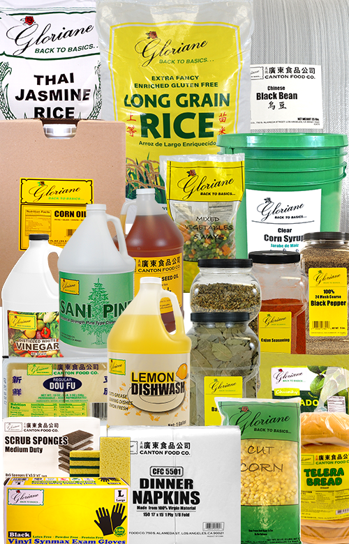 Assortment of Gloriane brand products including rice, oil, vinegar, cleaning supplies, and pantry staples