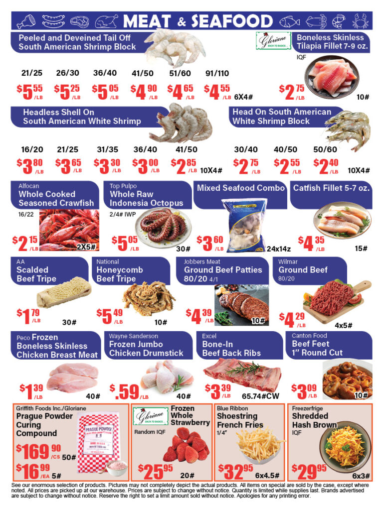 Canton Food Co. bi-weekly ad flyer with wholesale deals on meat, seafood, and groceries Page 2