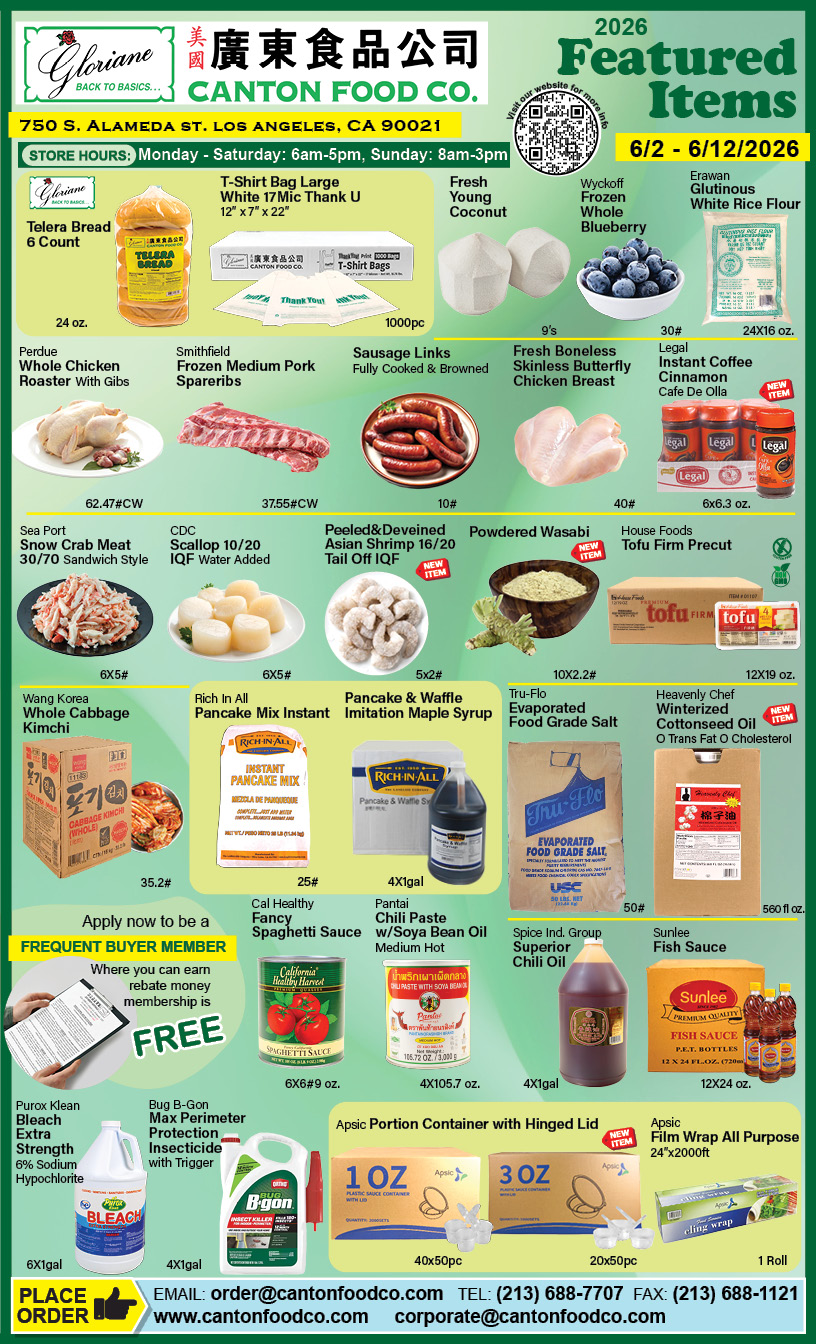 Canton Food Co. weekly featured items flyer with wholesale deals on meat, seafood, and groceries