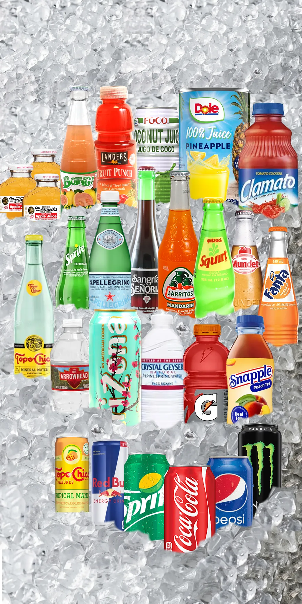 Assortment of wholesale beverages including soda, juice, water, and energy drinks at Canton Food Co.
