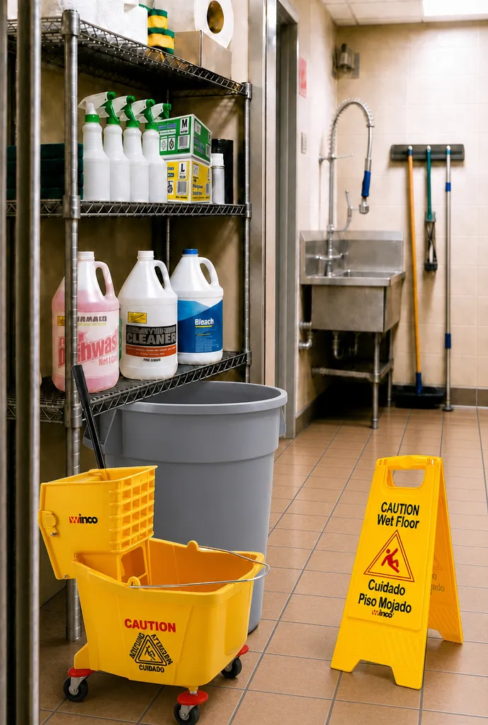 Commercial janitorial supplies including cleaning chemicals, mop buckets, and a wet floor sign in a kitchen storage area