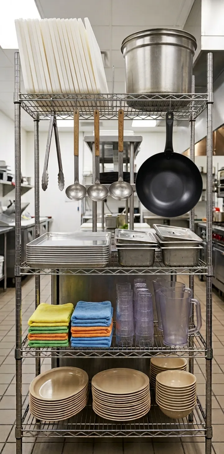 Commercial kitchen shelving with cookware, utensils, sheet pans, and kitchen towels