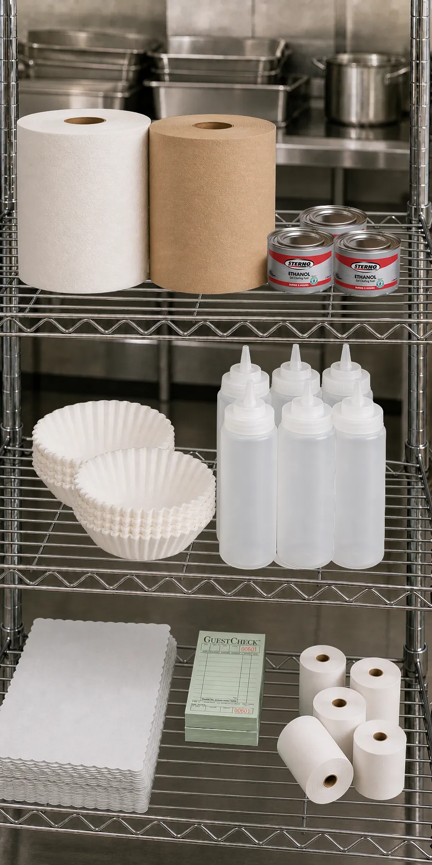 Shelving with paper towels, squeeze dispensers, guest checks, register rolls, and disposable bowls