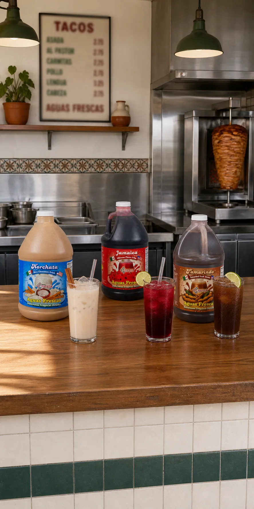Fiesta agua fresca bottles including horchata, jamaica, and tamarindo