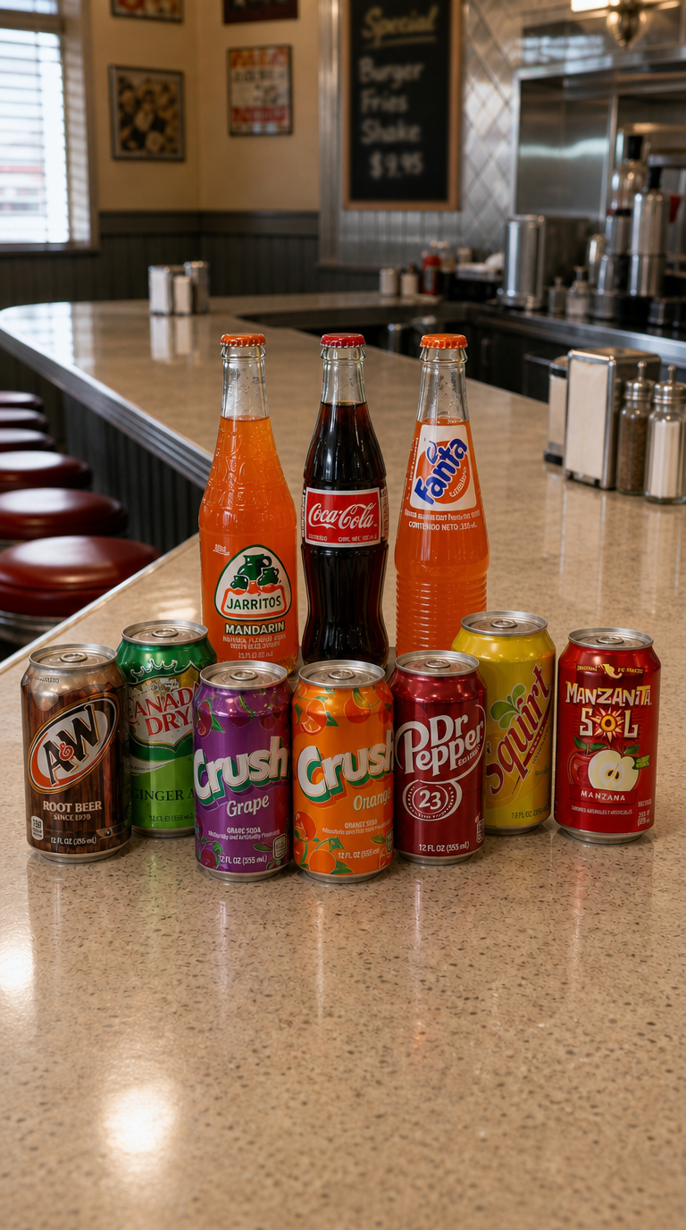 Assorted sodas on a diner counter including Coca-Cola, Fanta, and Jarritos glass bottles with A&W, Canada Dry, Crush, Dr Pepper, Squirt, and Manzanita Sol cans