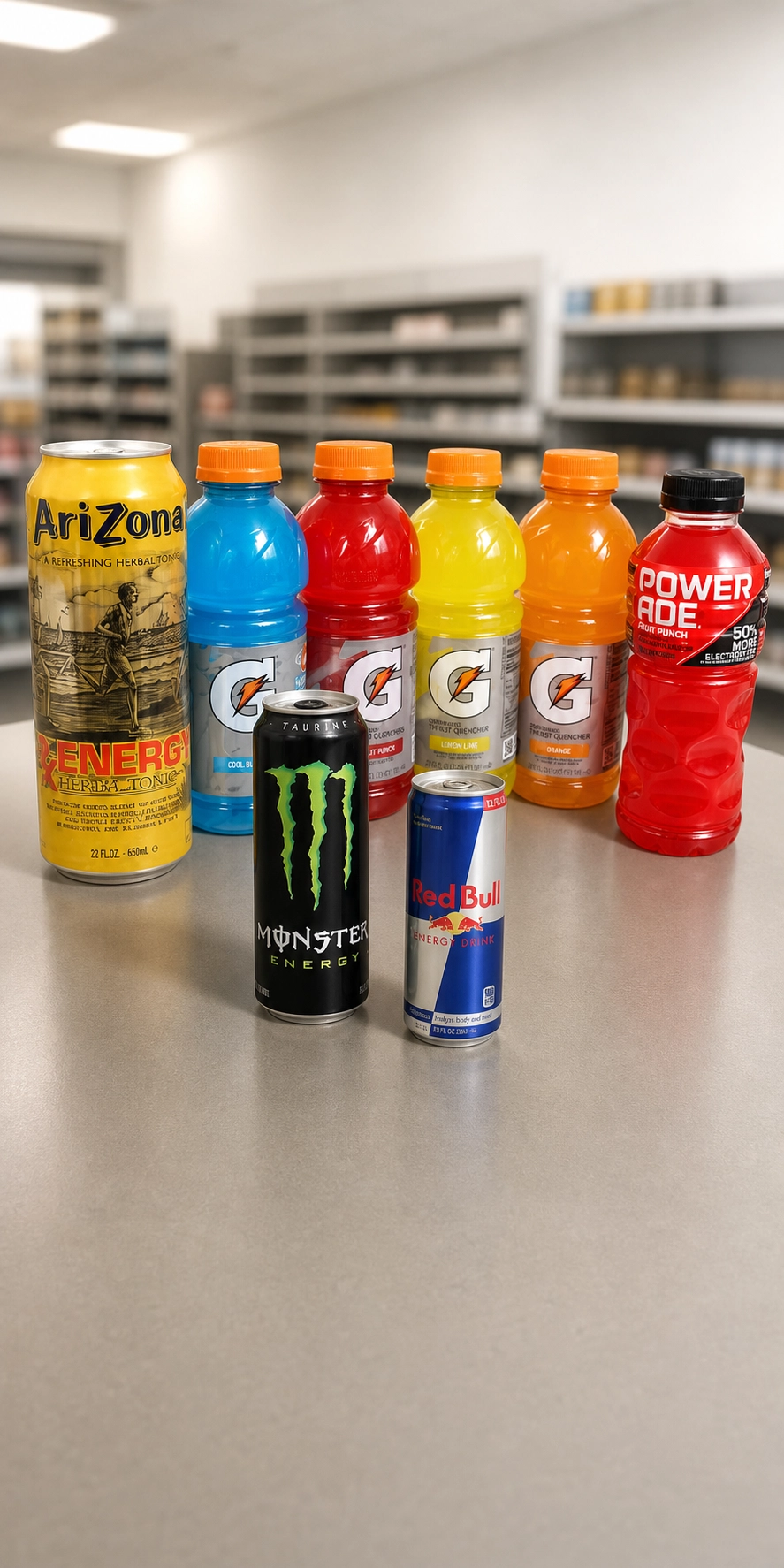 Energy and sports drinks including Arizona, Gatorade, Powerade, Monster, and Red Bull