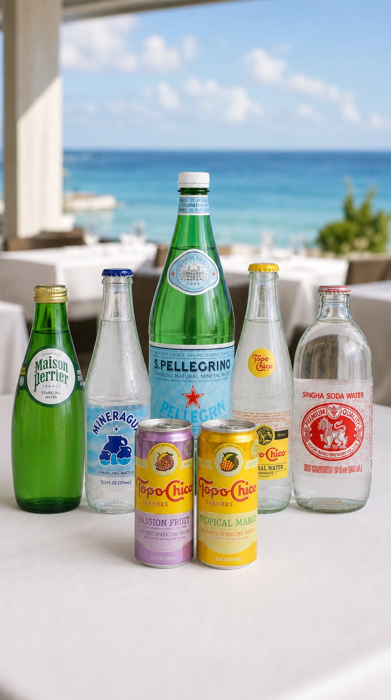 Sparkling waters and mineral waters including S.Pellegrino, Topo Chico, Maison Perrier, Mineragua, and Singha soda water