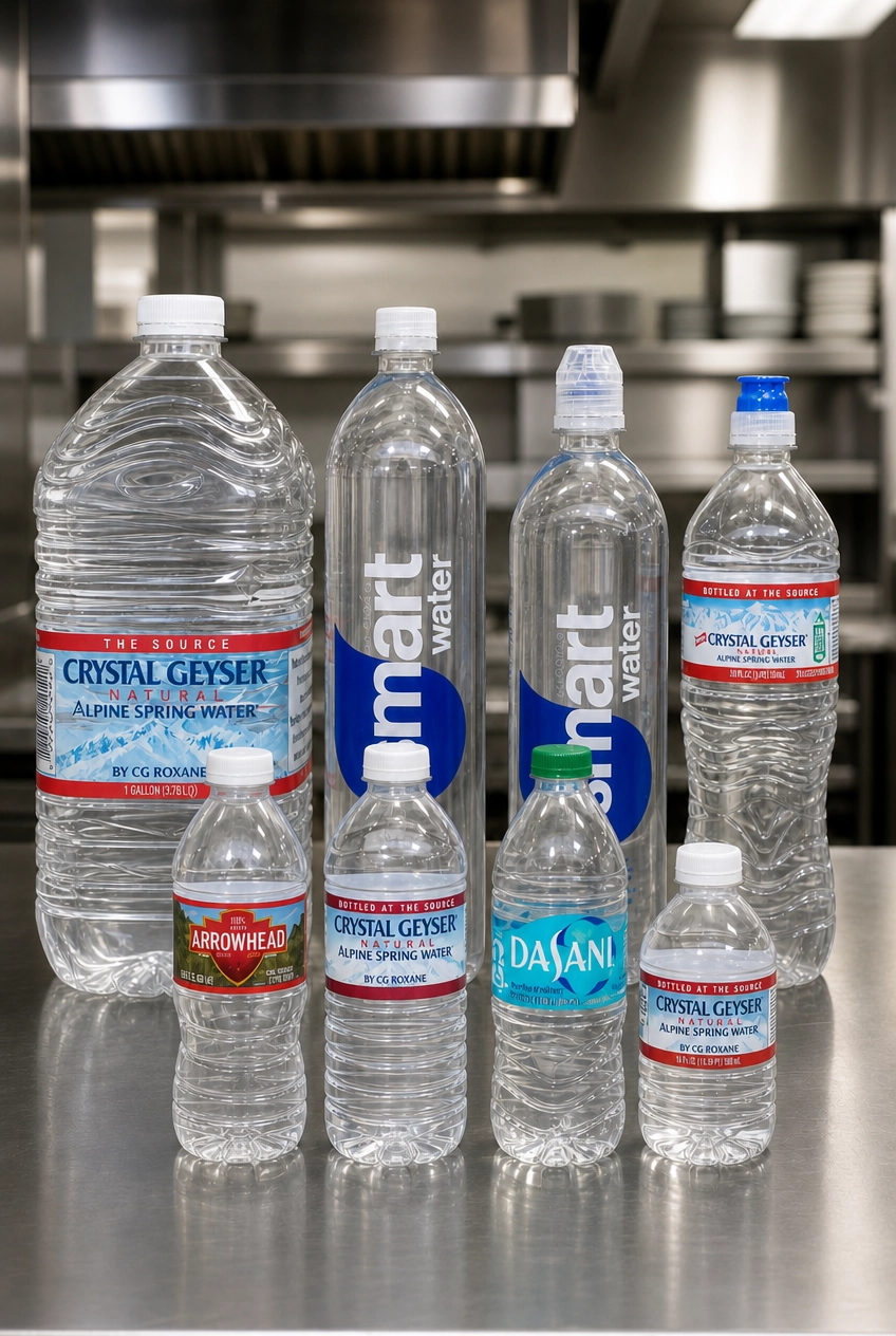 Bottled water in assorted sizes including Crystal Geyser, Arrowhead, Dasani, and Smartwater